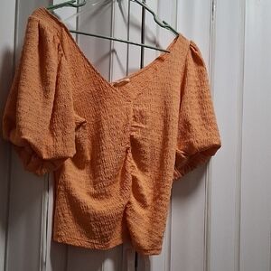 Kori Orange Puff Sleeve Ruched Crop Blouse